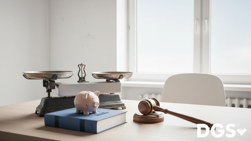 Mit KI erstelltes Symbolbild mit Richterhammer, Gesetzbuch, Waage und Sparschwein auf einem Tisch
