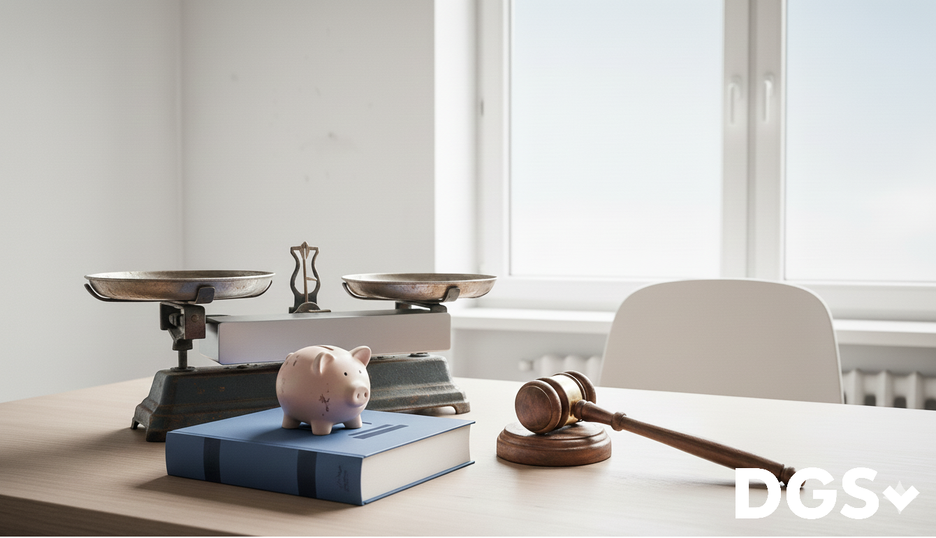 Mit KI erstelltes Symbolbild mit Richterhammer, Gesetzbuch, Waage und Sparschwein auf einem Tisch