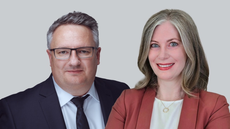 Weißer mittelalter Mann im Anzug mit Krawatte und Brille und rechts daneben Weiße mittelalte Frau mit schulterlangen Haaren und rotem Sakko. Sie sind das DGSv-Vorstandsteam: DGSv-Vorstandsvorsitzender Robert Erlinghagen und DGSv-Vorständin Dr. Tina Heitmann